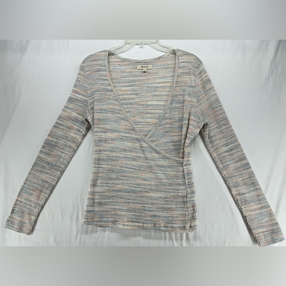 Madewell Space-Dye Faux-Wrap Knit Sweater Top Soft Tan Gray Cream Long Sleeve M